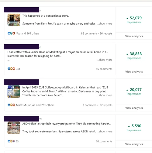 List of four published posts with 52,079, 38,858, 20,077 and 5,590 views