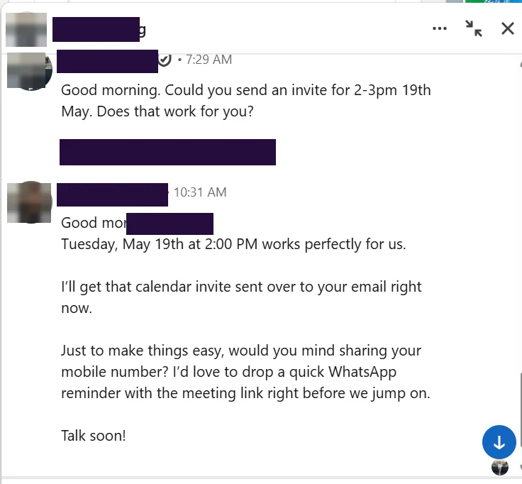 LinkedIn message thread in which a chief commercial officer proposes a meeting time and shares his email